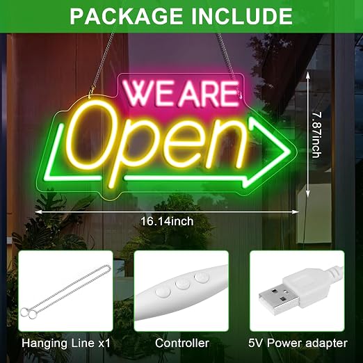 Enseigne néon « Ouvert » avec décor tournesol – Version USB | Blanc chaud / Jaune et blanc | 43 x 23 cm / 61 x 33 cm | Éclairage LED DC 5 V pour vitrine d'entreprise