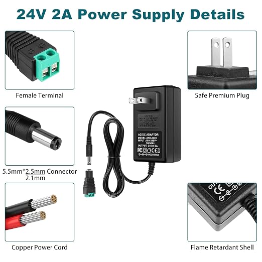 DC 24V Power Supply Adapter 60W, AC 100–240V to 24V Switching Transformer, LED Driver Wall Plug Charger with US Plug, Black Case