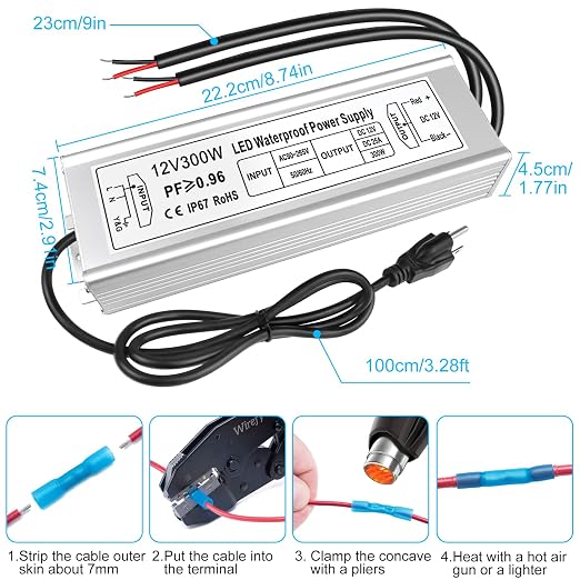 12V Waterproof LED Power Supply 300W, 90–265V Input, Single/Dual/Triple Wire Output, Aluminum Housing, Outdoor LED Driver, CE/RoHS/FCC —US/UK/EU Plug & Wire Leads Options