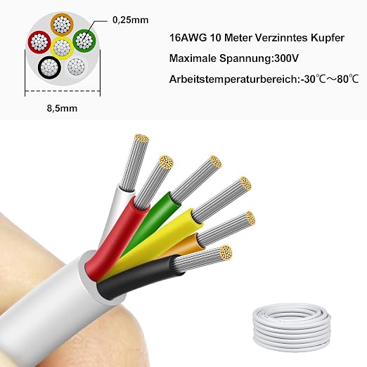 16 AWG Electrical Wire, 6/7/8 Conductor Multi-Core Tinned Copper Cable, Black/White PVC Insulated Flexible Control Wire, 10/20/50m (33ft–165ft) Options