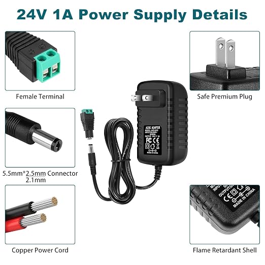 Adaptateur secteur CC 24 V 24 W, alimentation à découpage CA 100–240 V vers 24 V avec prise américaine, boîtier noir