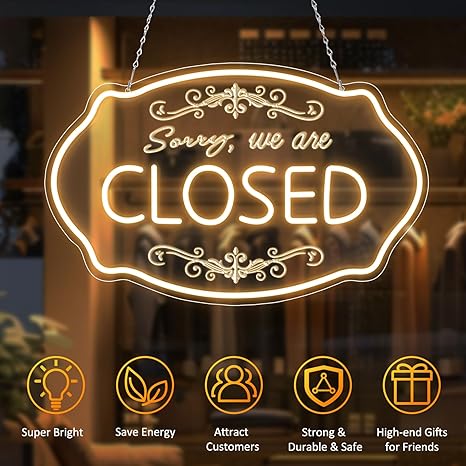 SORRY, WE ARE CLOSED LED Silicone Neon Sign – 16.5×9 Inch (42×23 cm) Horizontal Style | 5V USB Powered Warm White Dimmable Light for Storefront Window & Business Decor