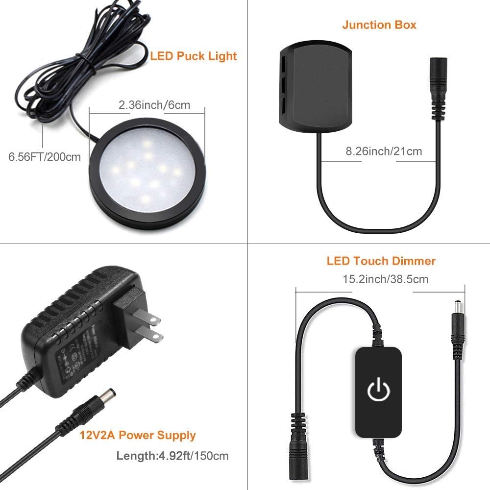 3 Pack LED Puck Cabinet Lights – Warm White / Daylight White | Black Finish | 12V Adapter with US / UK Plug | Touch Dimmable | Adhesive Mount | for Kitchen & Under Cabinet