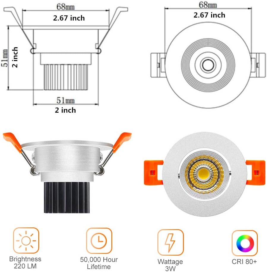ECO-2 Series Adjustable COB LED Recessed Downlight – Silver Housing – TRIAC Dimmable – 3W/5W/9W – 4-Pack/10-Pack – 3000K–6000K – 100–130V / 200–240V