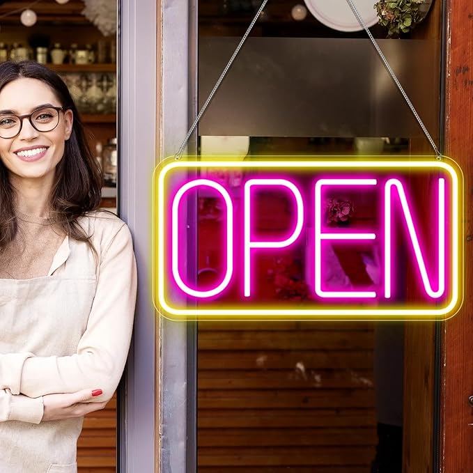 OPEN Silicone Neon Signs – USB Powered | 16.5×9 inch | Yellow + Pink Glow | LED Window Hanging Light for Storefronts