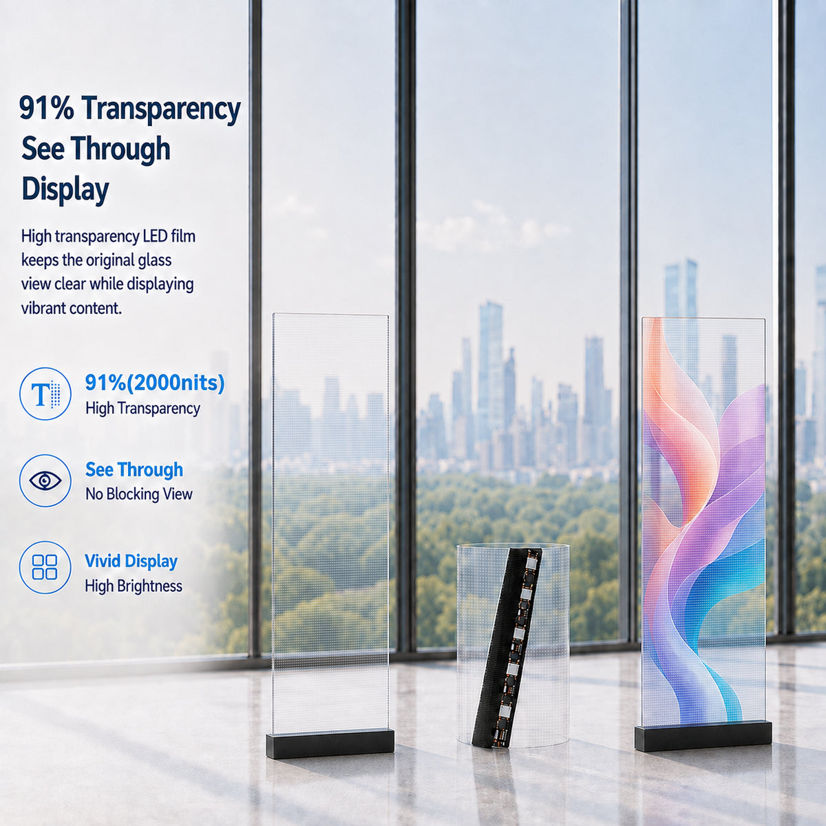 【Standard Modular Panel】HC Series P5 Slim Transparent Adhesive LED Film – 320×1000 mm (12.60×39.37 in) | 2000nits | 91% Transparency Glass Sticker Screen for Retail Facades & Shopping Mall Displays | Multiple Kit Options | Plug & Play