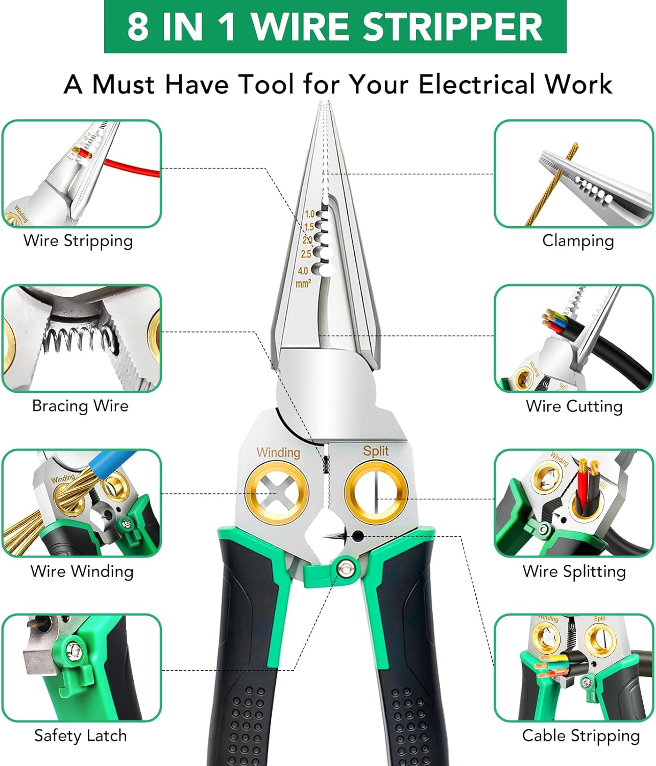 8-in-1 Wire Stripper, Multifunctional Wire Stripper Crimper Cable Cutter Pliers, Professional Wire Strippers Electrical Wire Crimper, Wiring Tools, Electrician, HVAC, Car Repair Tool