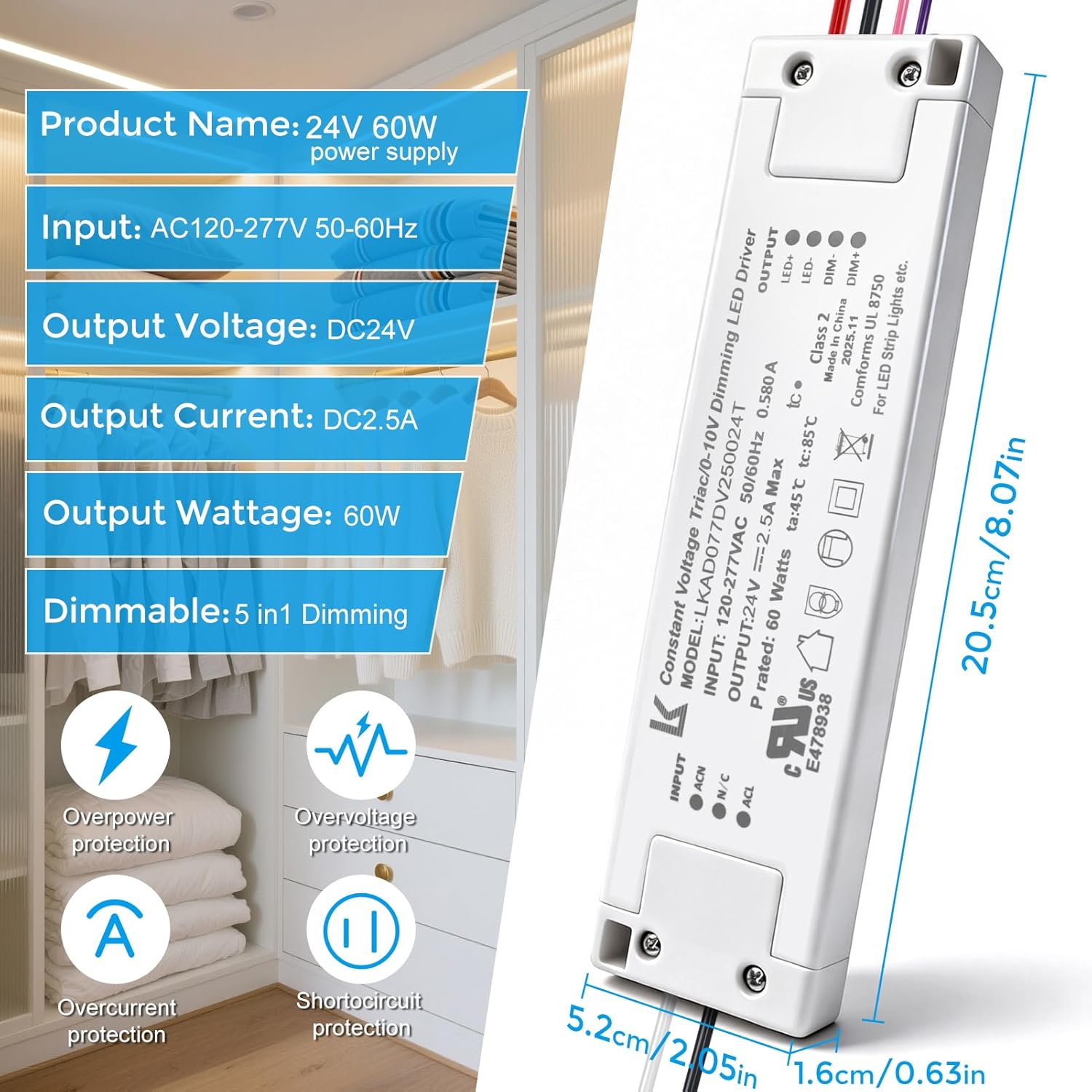 24V DC Plastic Case 5-in-1 Dimmable LED Power Supply, 60W, UL Listed, AC 120–277V Input, Waterproof Driver for Traic/ELV/0-10V/PWM/Resistive Control
