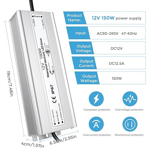 12V Waterproof LED Power Supply 30W–280W, 90–265V Input, Single/Dual Wire Output, Aluminum Housing, Outdoor LED Driver, CE/RoHS/FCC —US/UK/EU Plug & Wire Leads Options