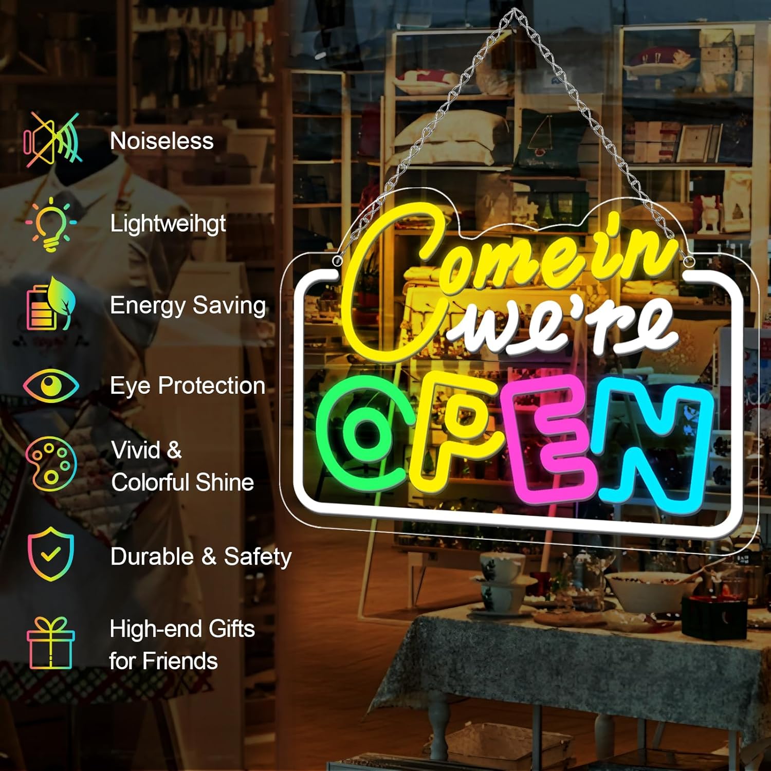 Come in We’re Open Neon Sign – Multicolor Glow | 15.7×11.8 inch (40×30 cm) | Window Hanging Business Sign | Plug & Play