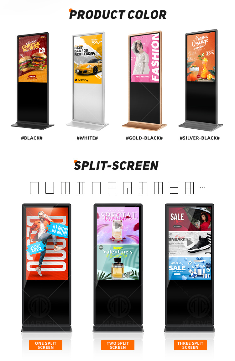 65'' LCD Digital Signage, Free Standing LCD Digital Poster Kiosk, No Touch, Single Sided, Android OS, Caster Wheels