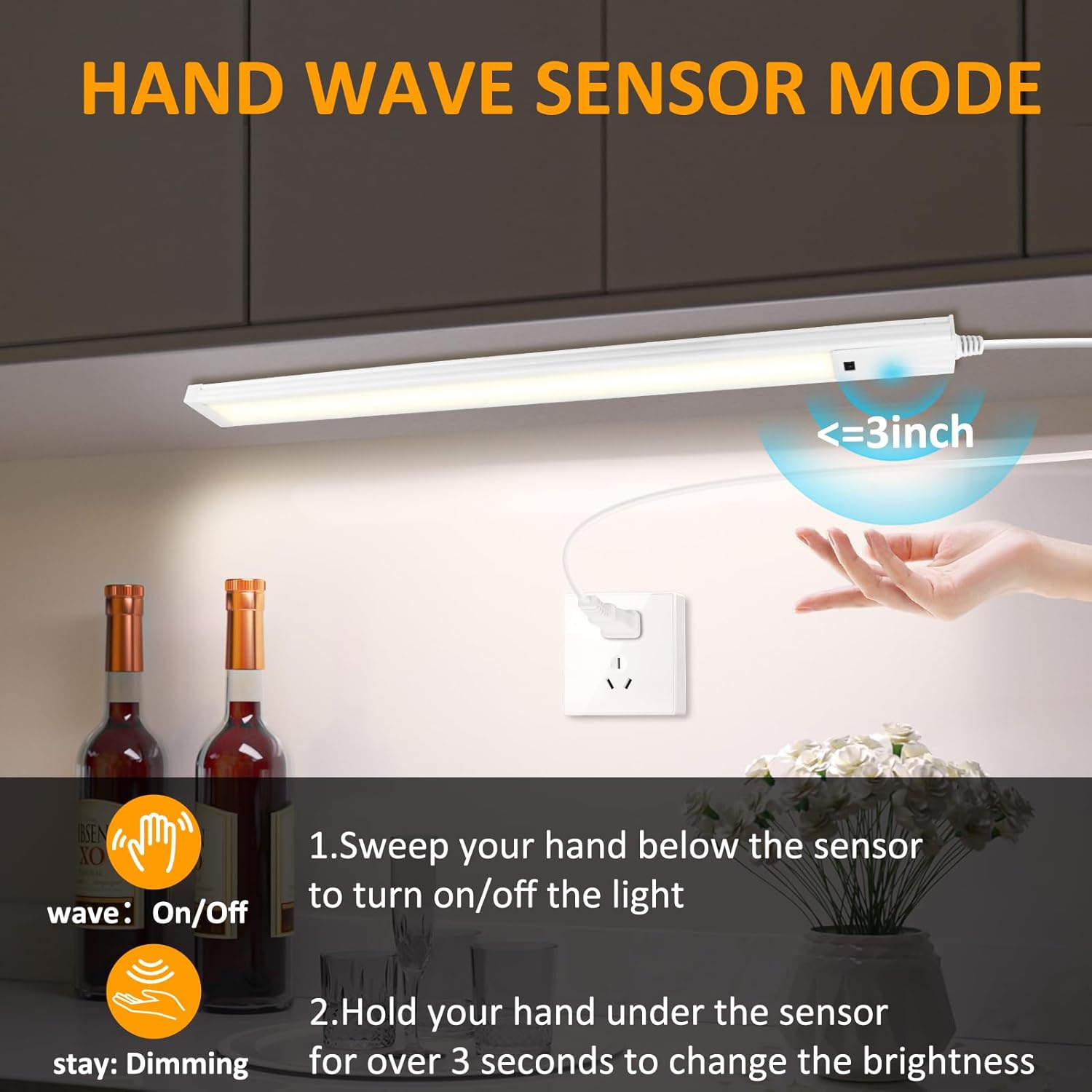 1/2 Pack 16 / 22 Inch Under Cabinet Light – 3CCT (3000K/4000K/6000K) | Hand Wave Sensor | Adhesive Mount | Slim Design for Cabinet & Shelf – White Finish
