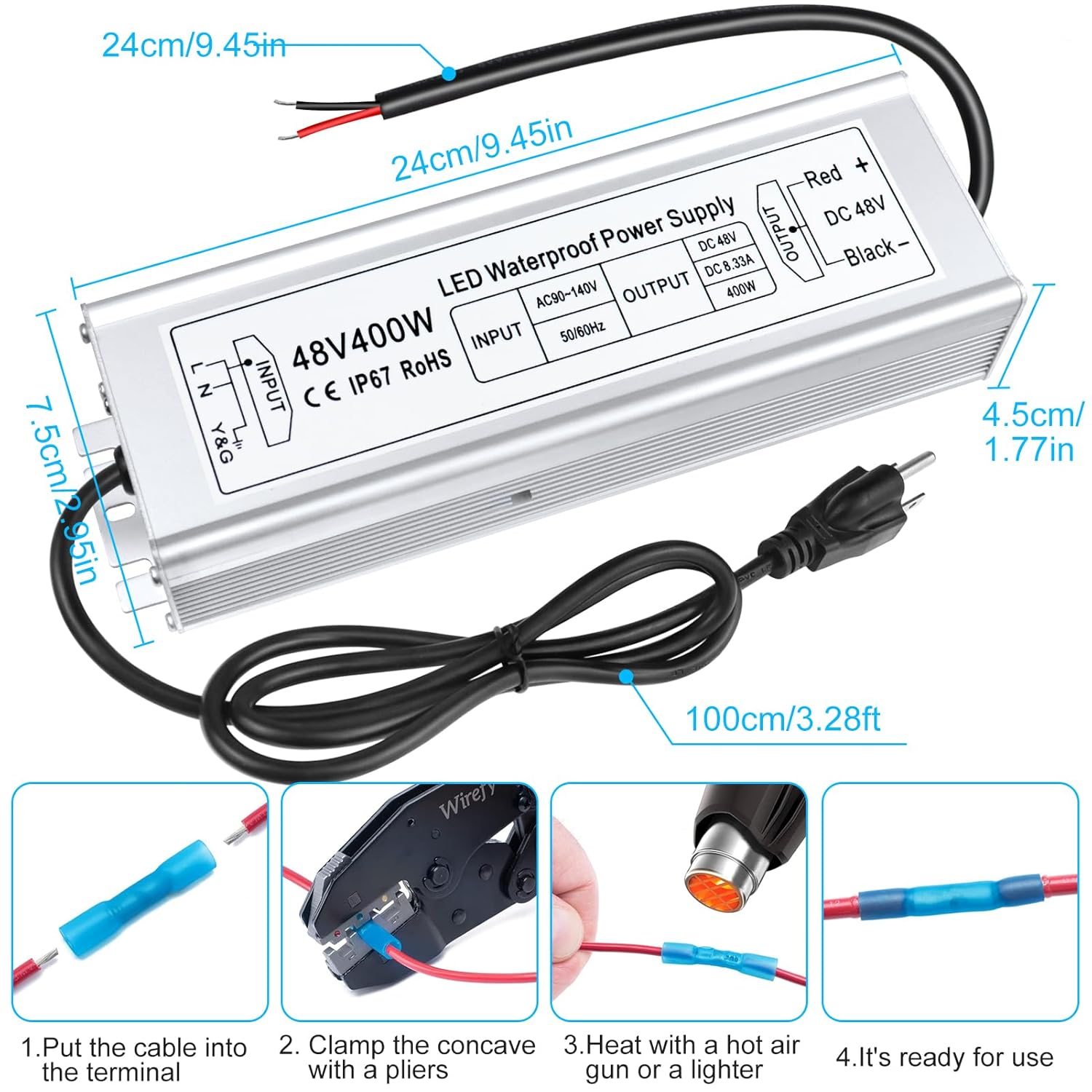 48V LED Driver, 90–140V Input, 100W–400W, Single Output Constant Voltage Power Supply, IP67 Waterproof, CE/RoHS/FCC — US Plug & Wire Leads Options
