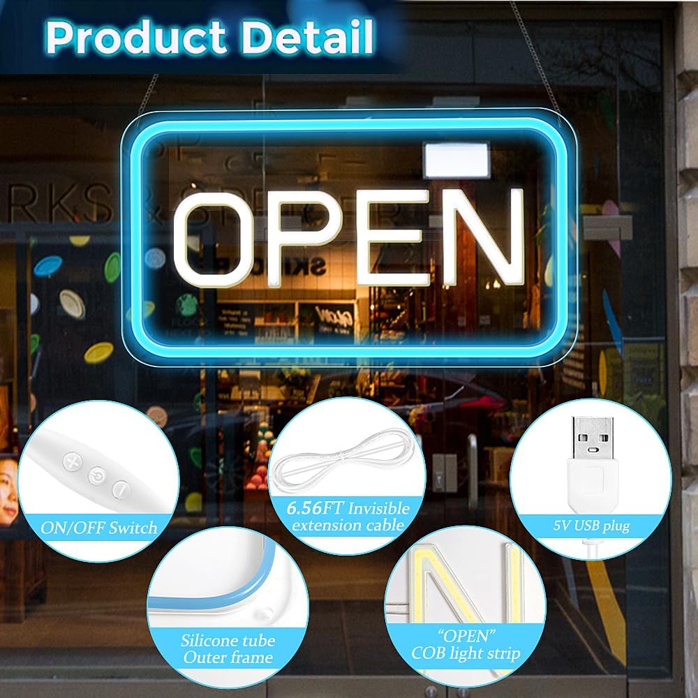 Vertical OPEN Neon Sign – USB Powered | 17×9 inch (44×24 cm) | 6 Color Options | LED Window Hanging Light for Storefronts