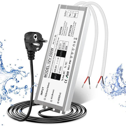 12V Waterproof LED Power Supply 30W–300W, 90–265V Input, Single/Dual Wire Output, Outdoor LED Driver, CE/RoHS/FCC —US/UK/EU Plug & Wire Leads Options