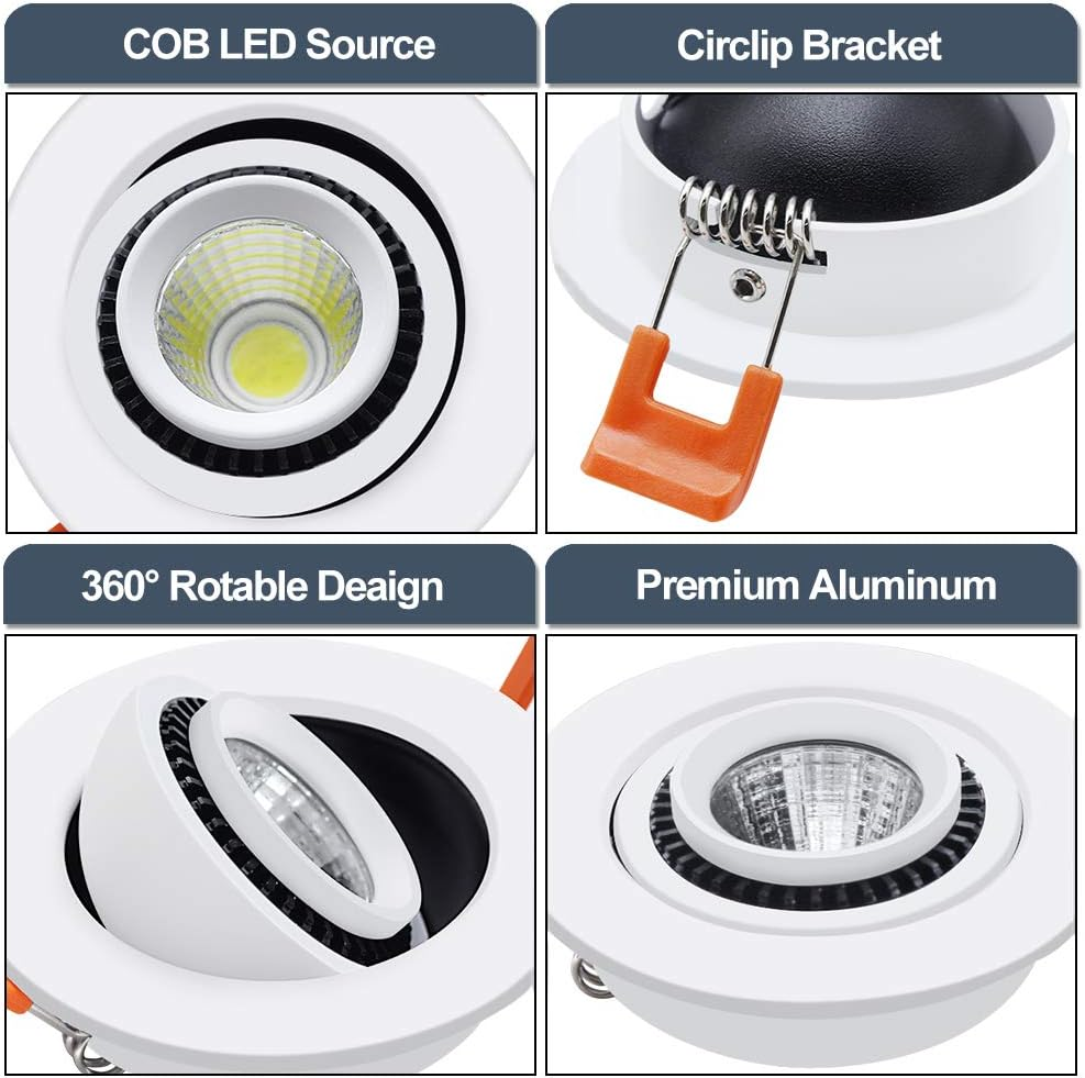 ECO-3 Series Eyeball Gimbal COB LED Downlight – White Housing – TRIAC Dimmable – 3W/5W/7W – 4-Pack – 3000K–6000K – 100–130V / 200–240V