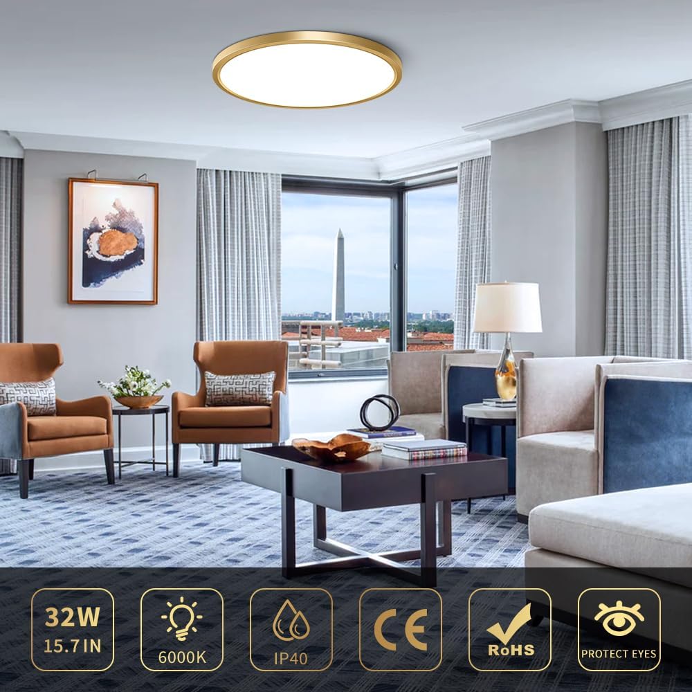 AC 110–130V Round LED Ceiling Light – Gold – 18W / 24W / 32W Options – 3000K / 4500K / 5000K / 6500K – Flush Mount Ceiling Light – Local Stock (US)