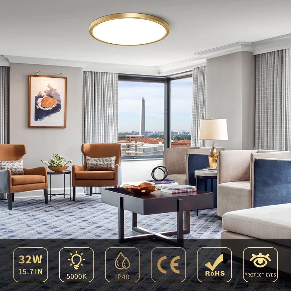 AC 110–130V Round LED Ceiling Light – Gold – 18W / 24W / 32W Options – 3000K / 4500K / 5000K / 6500K – Flush Mount Ceiling Light – Local Stock (US)
