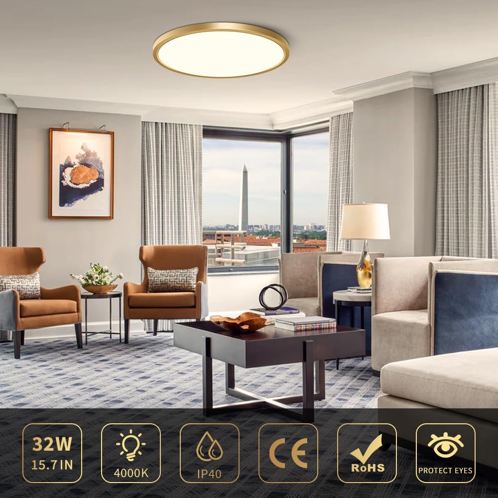 AC 110–130V Round LED Ceiling Light – Gold – 18W / 24W / 32W Options – 3000K / 4500K / 5000K / 6500K – Flush Mount Ceiling Light – Local Stock (US)