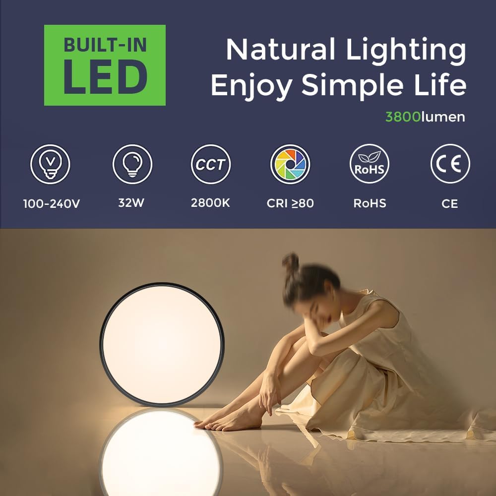 AC 110–130V Round LED Ceiling Light – Black – 18W / 24W / 32W Options – 3000K / 4500K / 5000K / 6500K – Flush Mount Ceiling Light – Local Stock (US)
