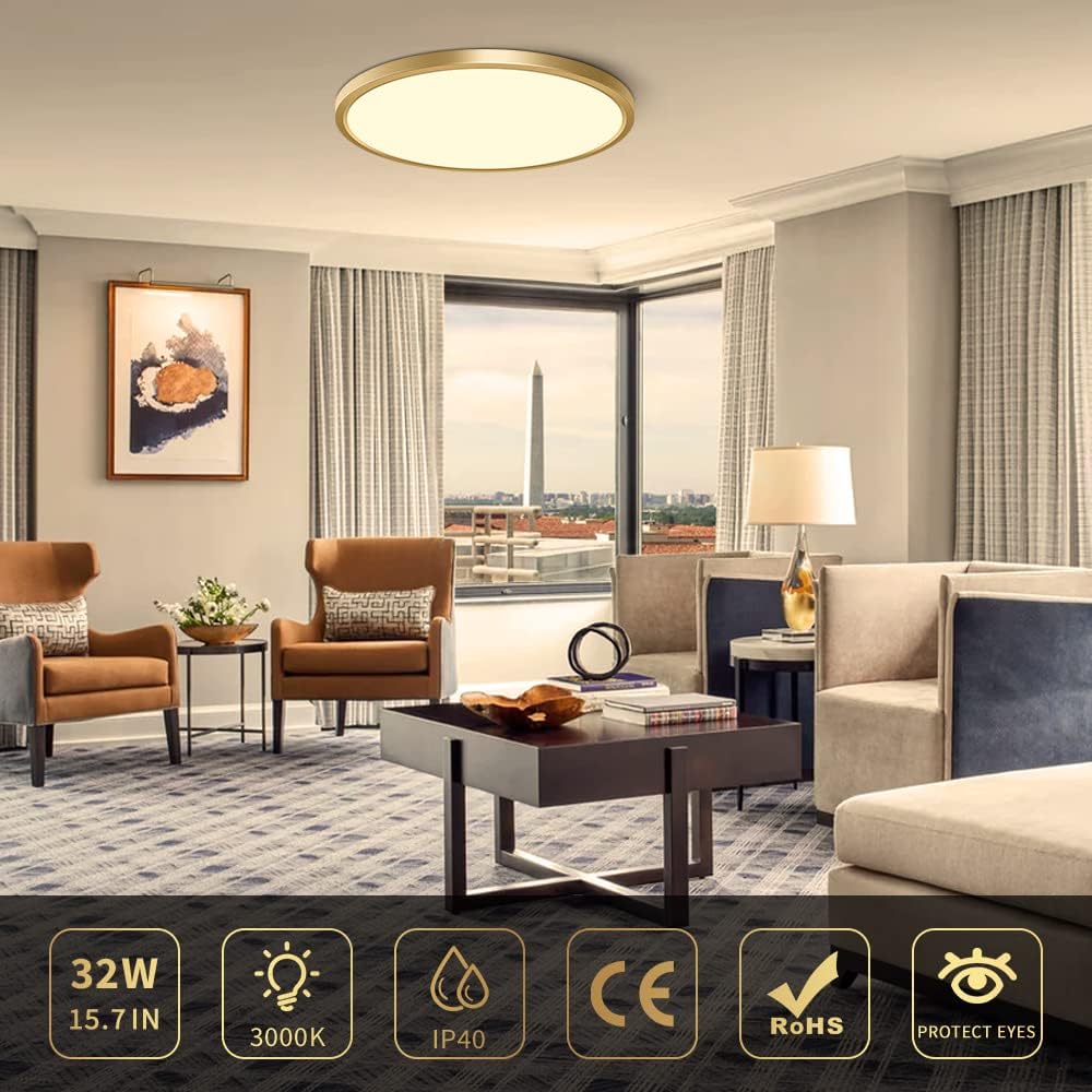 AC 110–130V Round LED Ceiling Light – Gold – 18W / 24W / 32W Options – 3000K / 4500K / 5000K / 6500K – Flush Mount Ceiling Light – Local Stock (US)