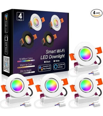 Smart COB WiFi Recessed Lighting | 2Inch 5W | Dimmable RGB & CCT 2700-6500K | 100–240V | White Housing | Compatible with Alexa and Google Home | 4 / 6 / 10 / 12-Pack