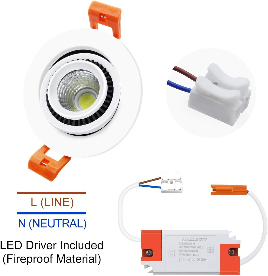 ECO-3 Series Eyeball Gimbal COB LED Downlight – White Housing – TRIAC Dimmable – 3W/5W/7W – 4-Pack – 3000K–6000K – 100–130V / 200–240V