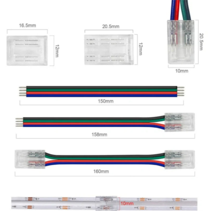 Transparent Crystal LED Strip Connectors – 10mm 4Pin Solderless Clips