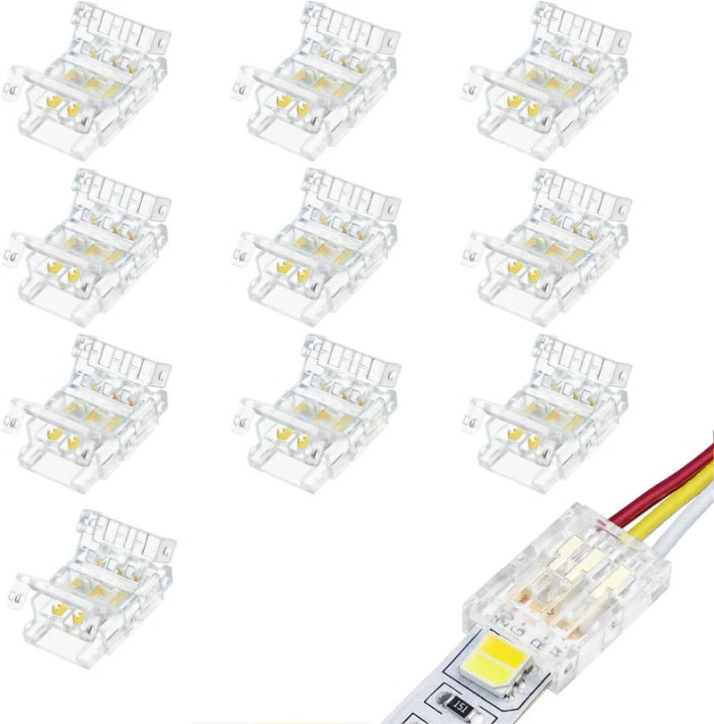 Transparente Kristall-LED-Streifenverbinder – 10 mm 3-polige lötfreie Clips | Streifen zu Kabel / Streifen zu Streifen / DC-Adapter – Lokaler Lagerbestand US/UK