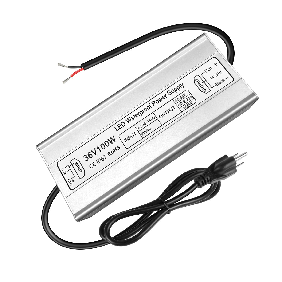 36V LED Driver, 90–140V Input, 100W–400W, Single Output Constant Voltage Power Supply, Aluminum Housing, IP67 Waterproof, CE/RoHS/FCC — US Plug & Wire Leads Options