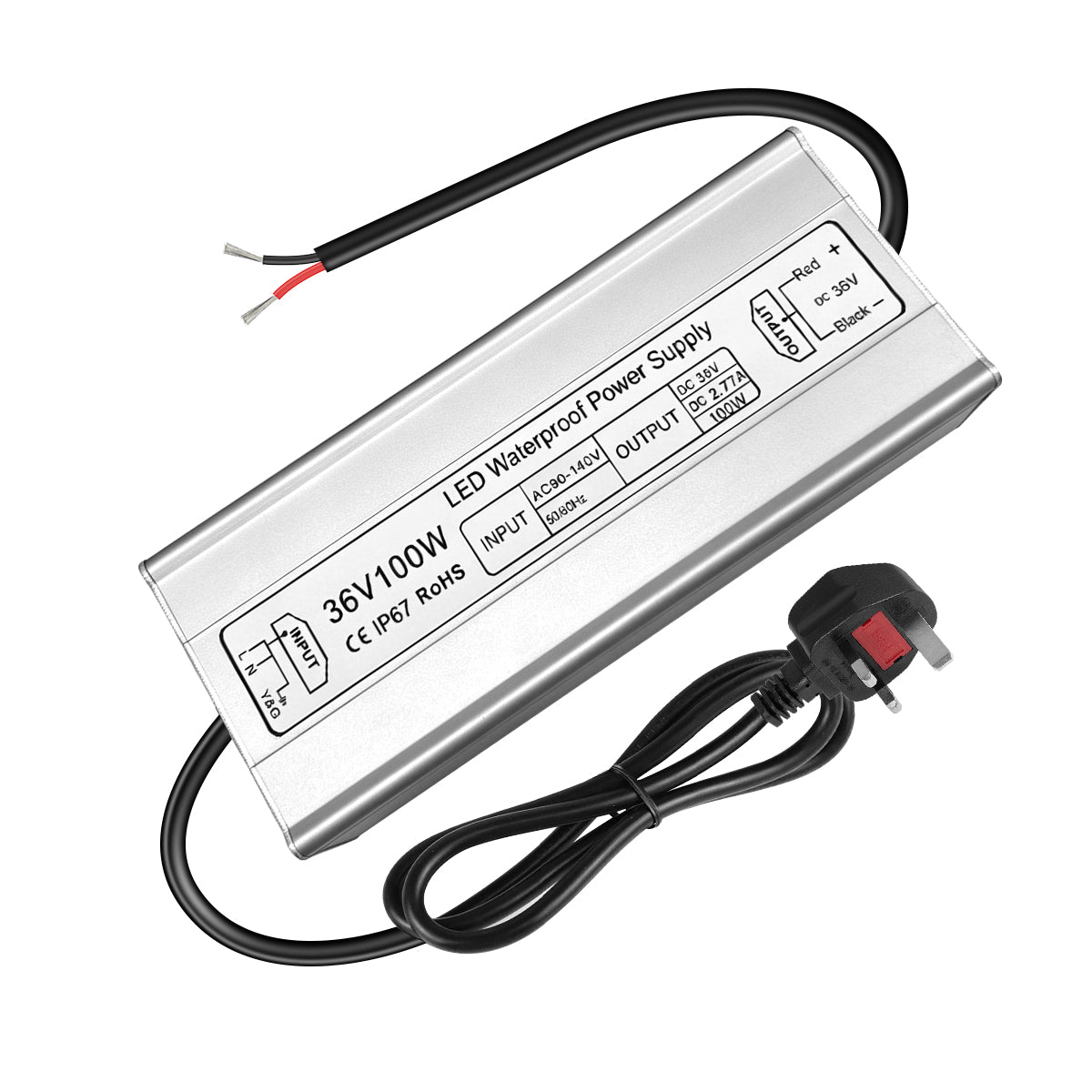 36V LED Power Supply, 175–265V Input, 100W–400W, Aluminum Housing, Constant Voltage Transformer, IP67 Waterproof SMPS, CE/RoHS/FCC — UK/EU Plug & Wire Leads Options