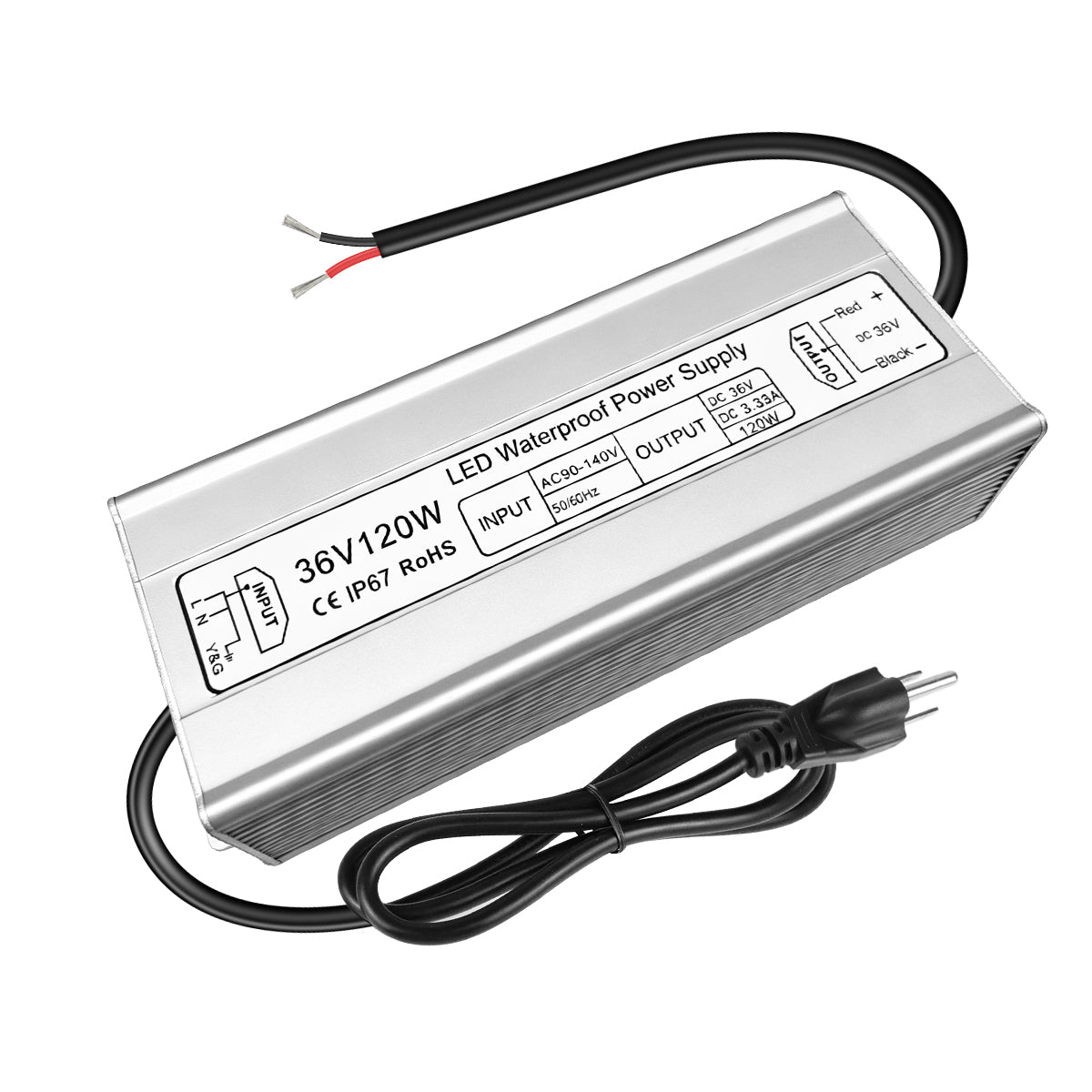 36V LED Driver, 90–140V Input, 100W–400W, Single Output Constant Voltage Power Supply, Aluminum Housing, IP67 Waterproof, CE/RoHS/FCC — US Plug & Wire Leads Options