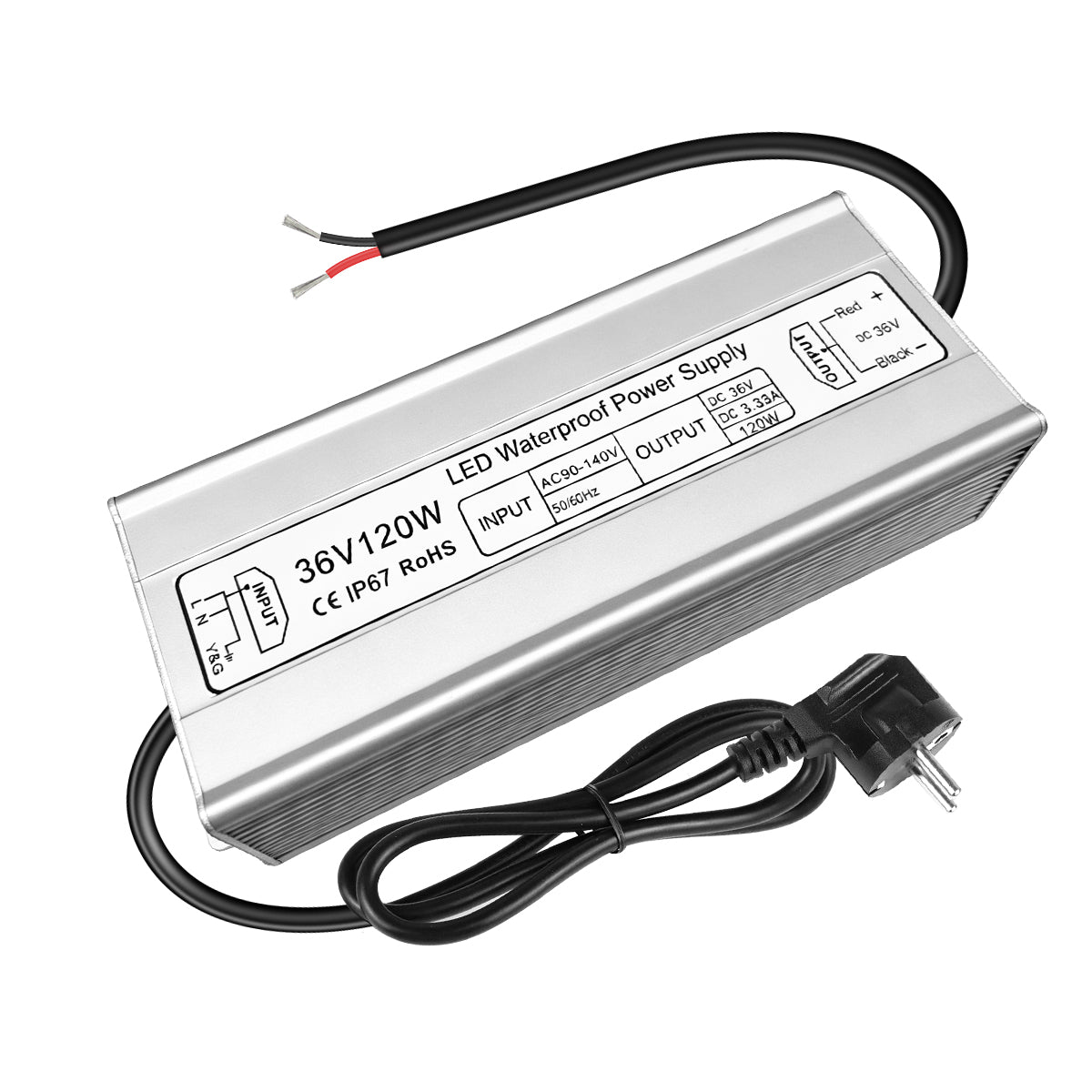 36V LED Power Supply, 175–265V Input, 100W–400W, Aluminum Housing, Constant Voltage Transformer, IP67 Waterproof SMPS, CE/RoHS/FCC — UK/EU Plug & Wire Leads Options