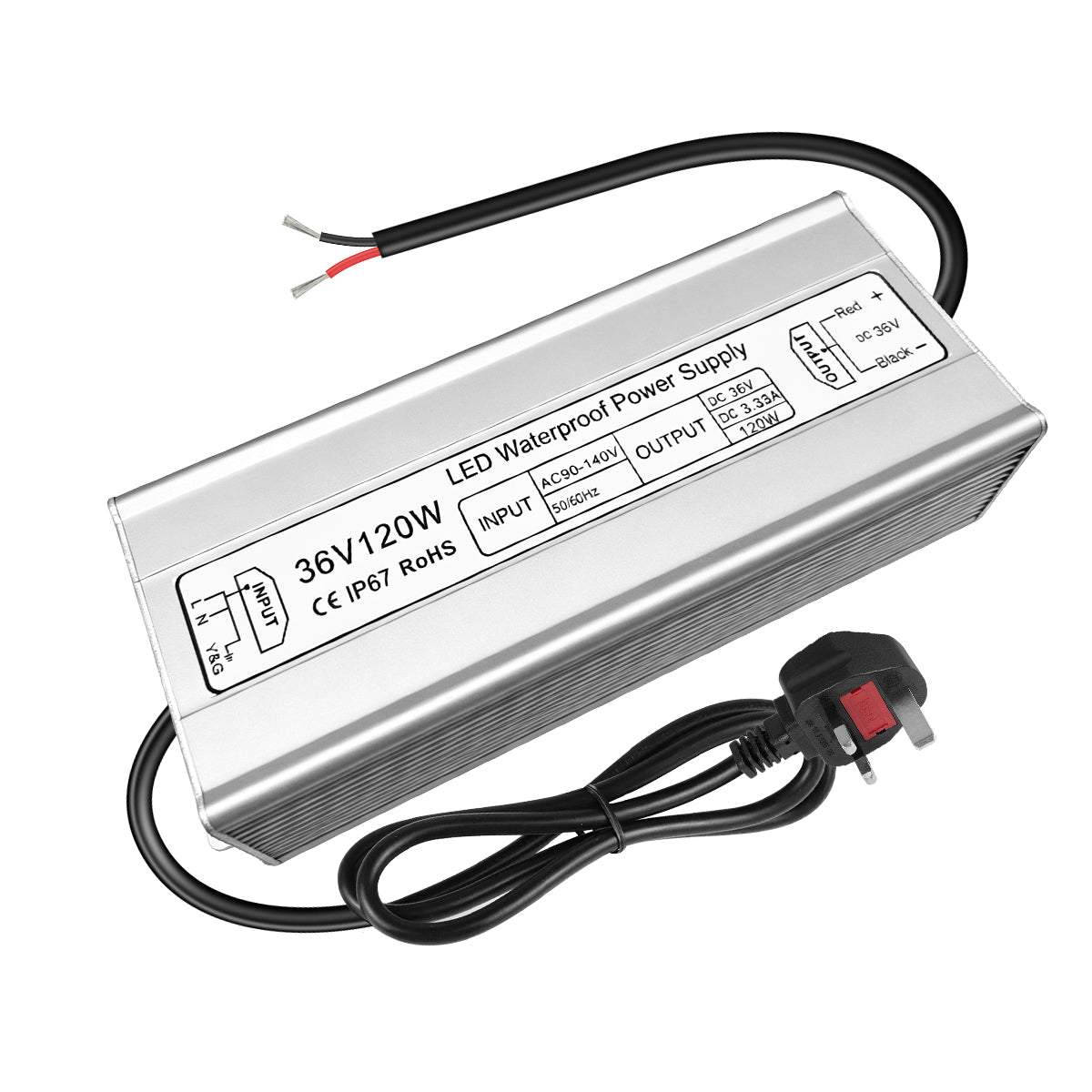 36V LED Power Supply, 175–265V Input, 100W–400W, Aluminum Housing, Constant Voltage Transformer, IP67 Waterproof SMPS, CE/RoHS/FCC — UK/EU Plug & Wire Leads Options