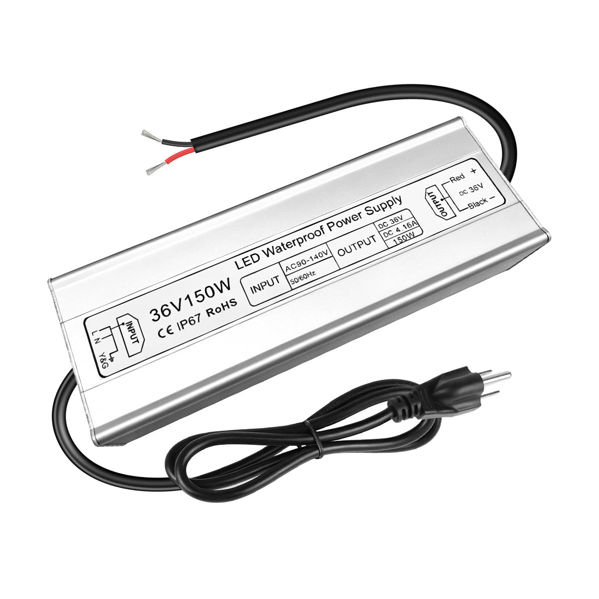 36V LED Driver, 90–140V Input, 100W–400W, Single Output Constant Voltage Power Supply, Aluminum Housing, IP67 Waterproof, CE/RoHS/FCC — US Plug & Wire Leads Options