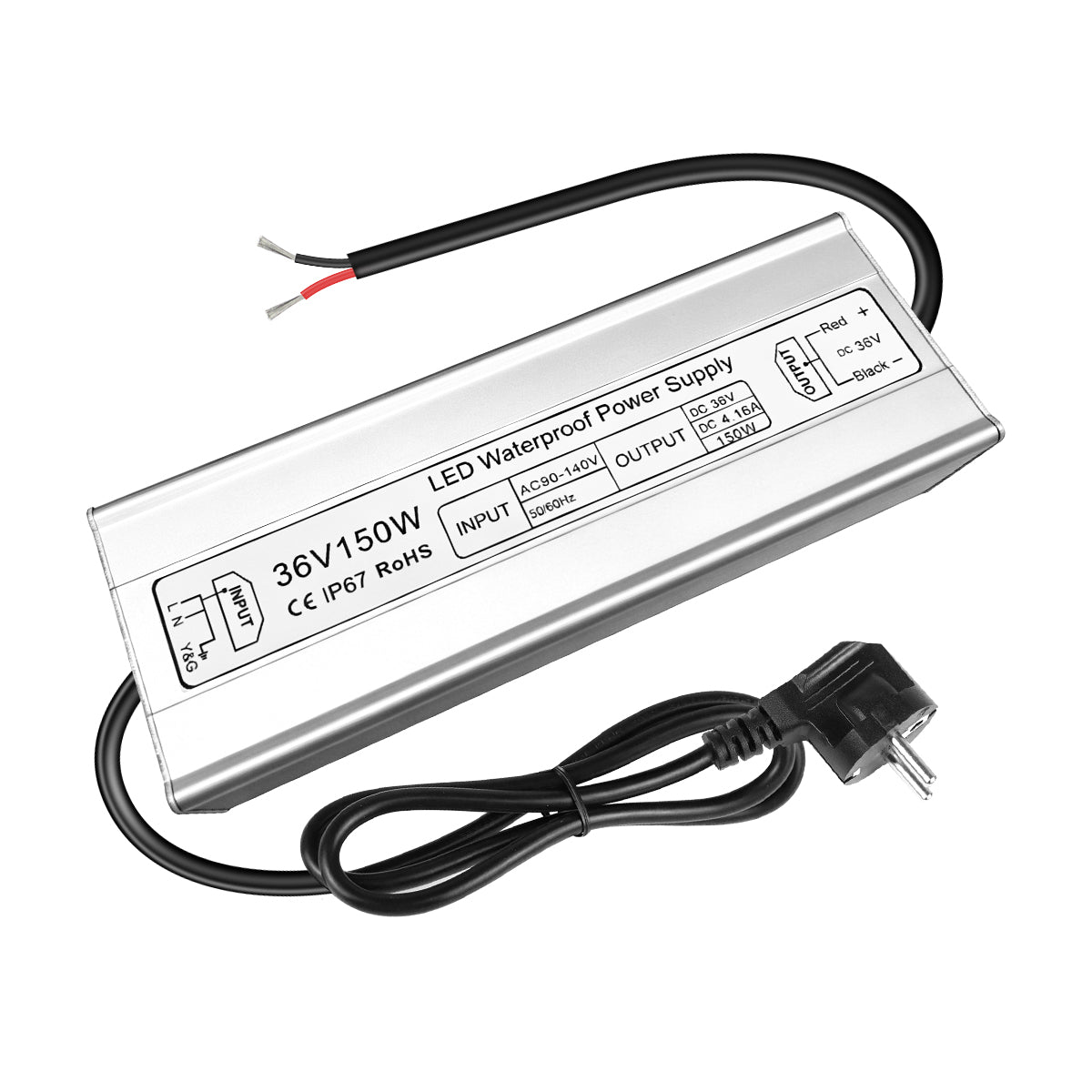 36V LED Power Supply, 175–265V Input, 100W–400W, Aluminum Housing, Constant Voltage Transformer, IP67 Waterproof SMPS, CE/RoHS/FCC — UK/EU Plug & Wire Leads Options