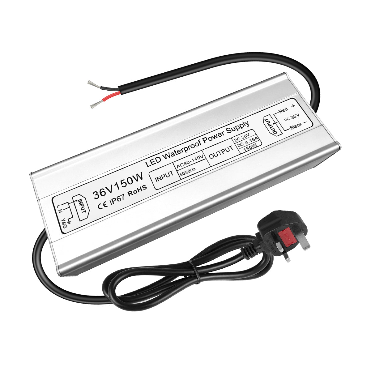 36V LED Power Supply, 175–265V Input, 100W–400W, Aluminum Housing, Constant Voltage Transformer, IP67 Waterproof SMPS, CE/RoHS/FCC — UK/EU Plug & Wire Leads Options