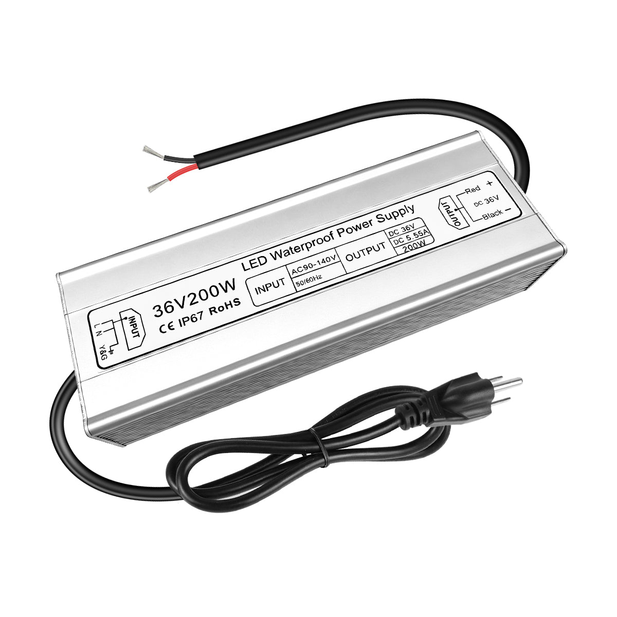 36V LED Driver, 90–140V Input, 100W–400W, Single Output Constant Voltage Power Supply, Aluminum Housing, IP67 Waterproof, CE/RoHS/FCC — US Plug & Wire Leads Options