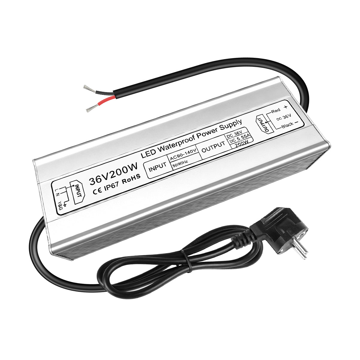 36V LED Power Supply, 175–265V Input, 100W–400W, Aluminum Housing, Constant Voltage Transformer, IP67 Waterproof SMPS, CE/RoHS/FCC — UK/EU Plug & Wire Leads Options