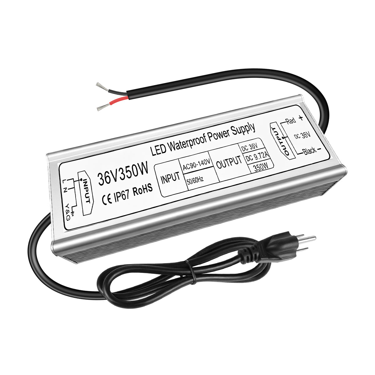36V LED Driver, 90–140V Input, 100W–400W, Single Output Constant Voltage Power Supply, Aluminum Housing, IP67 Waterproof, CE/RoHS/FCC — US Plug & Wire Leads Options