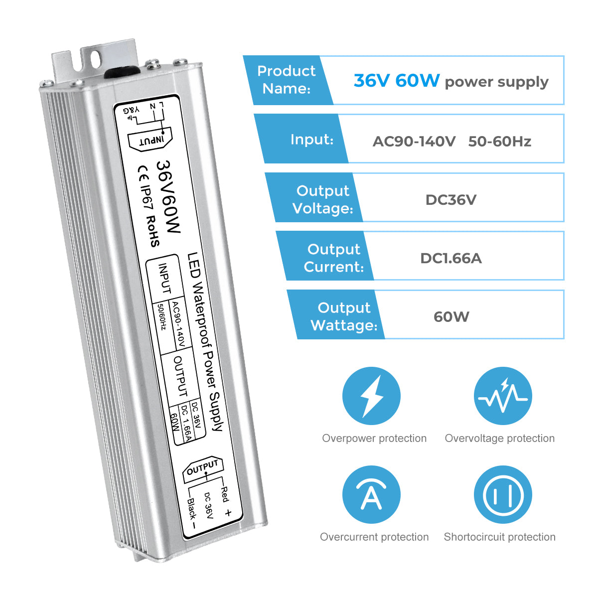 36V Waterproof LED Power Supply 60W–80W, 90–265V AC Input, Single Output Transformer, IP67 SMPS, Aluminum Housing, CE/RoHS/FCC — US/UK/EU Plug & Wire Leads Options