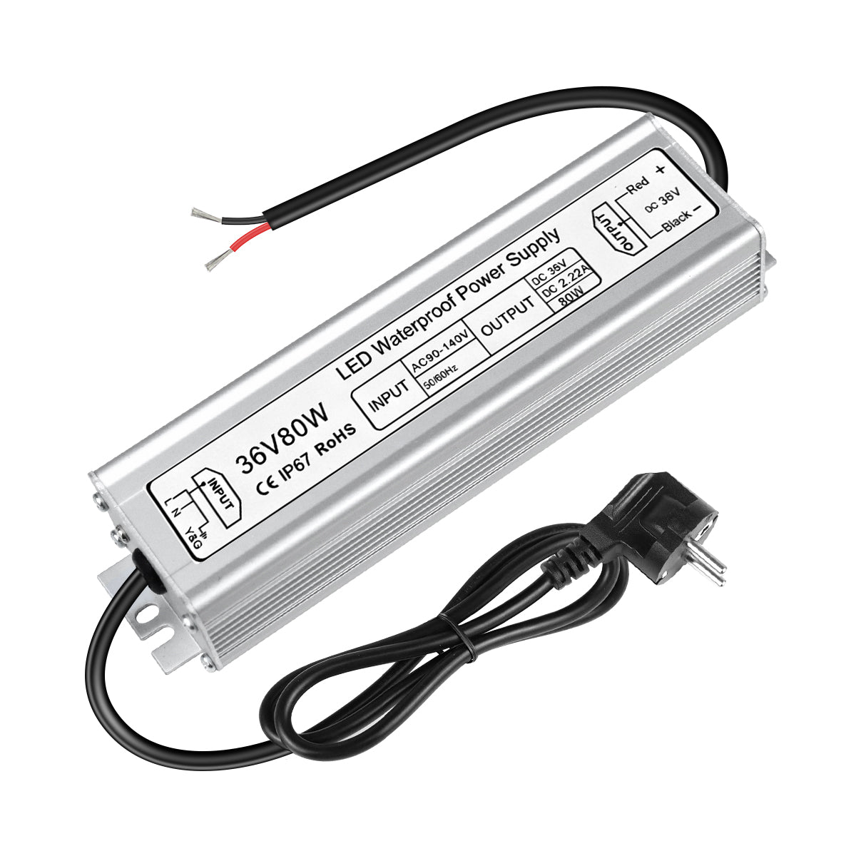 36V Waterproof LED Power Supply 60W–80W, 90–265V AC Input, Single Output Transformer, IP67 SMPS, Aluminum Housing, CE/RoHS/FCC — US/UK/EU Plug & Wire Leads Options