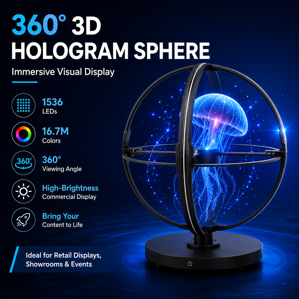 3D Hologram Fan Sphere (Holoball) 50cm (19.69") 360° LED Holographic Display | 1536 LEDs | WiFi APP Control | Commercial Advertising Display