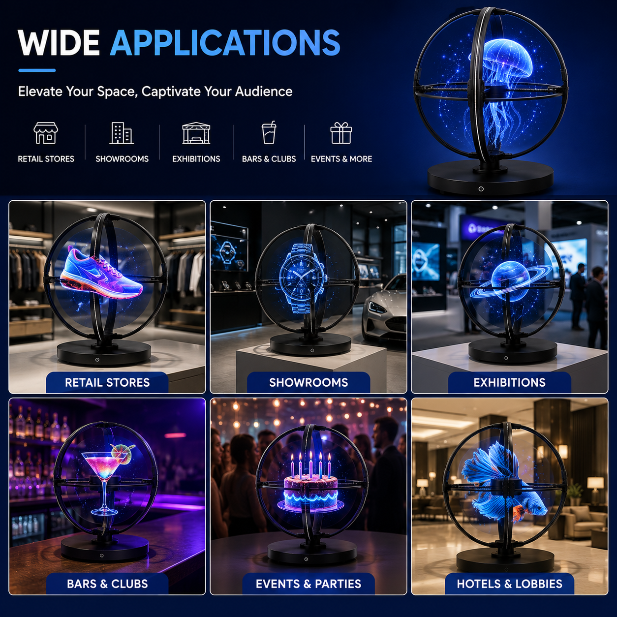 3D Hologram Fan Sphere (Holoball) 50cm (19.69") 360° LED Holographic Display | 1536 LEDs | WiFi APP Control | Commercial Advertising Display
