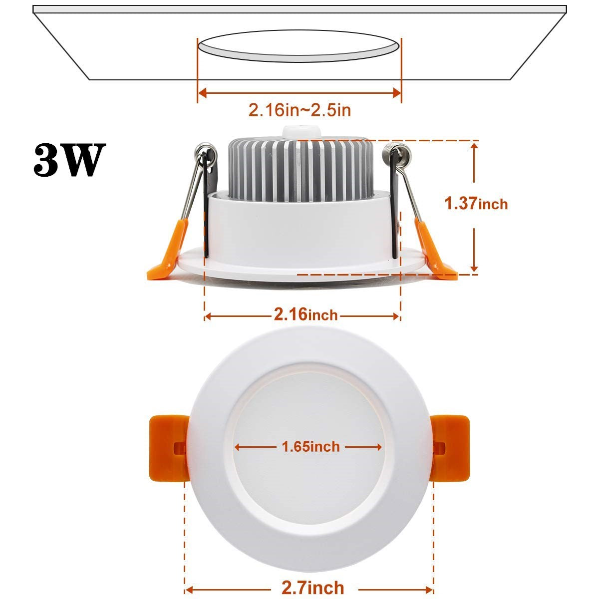 10 Pack 3W Dimmable Antifog LED Downlight CRI80 Flat Diffuser Ceiling Light -2-3/8'' Cutout