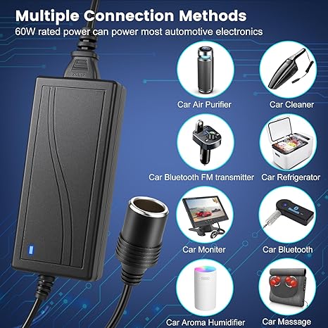 DC 12V Cigarette Lighter Desktop Power Supply Adapter 60W/120W/180W, AC 100–240V Input, Converter Transformer with US Plug — for Car Accessories, Air Pump, Cooler, and Electronics