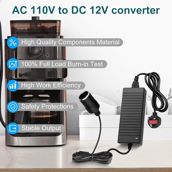DC 12V Cigarette Lighter Desktop Power Supply Adapter 60W–120W, AC 100–240V Input, Converter Transformer with UK Plug — for Car Accessories, Air Pump, Cooler, and Electronics