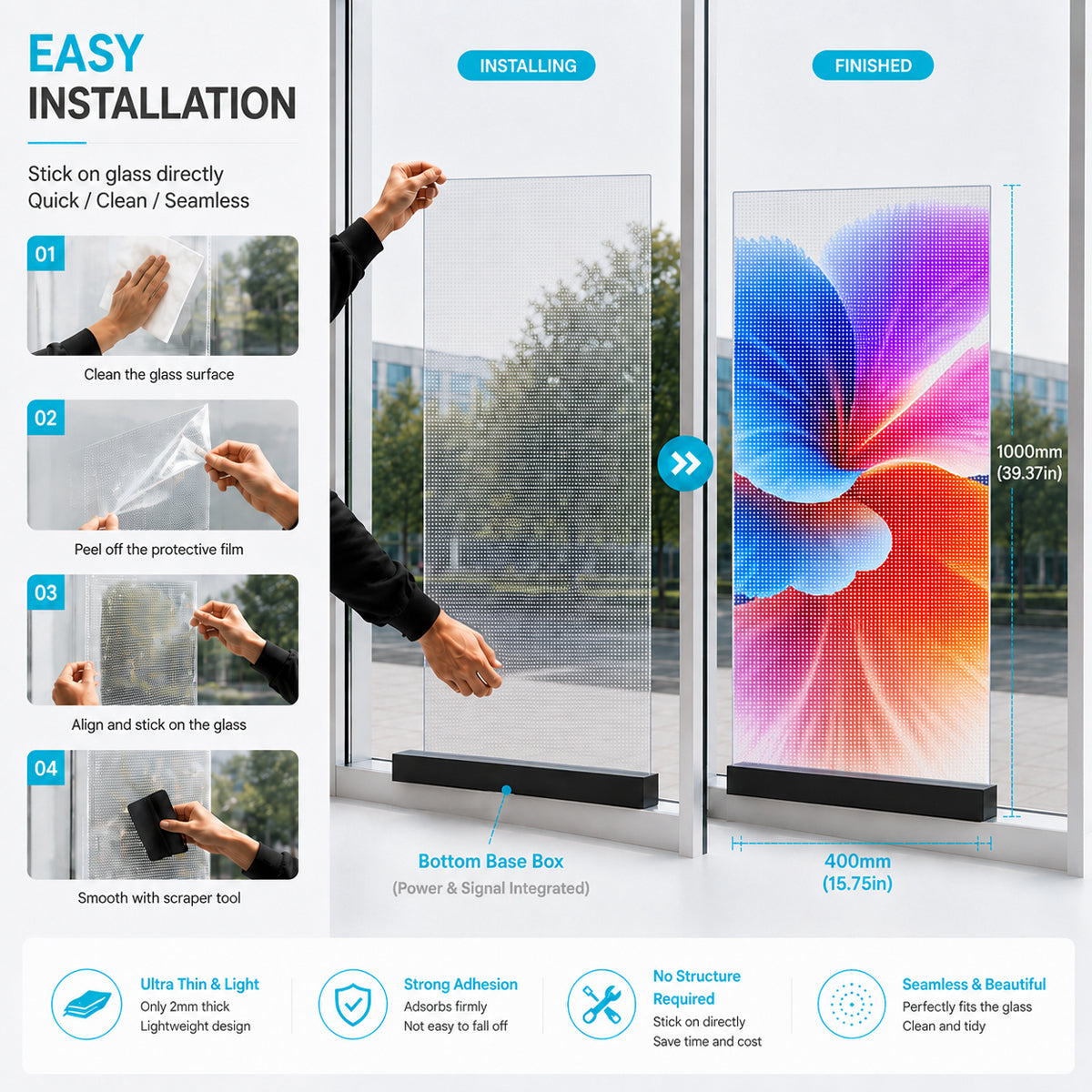 Film adhésif LED haute transparence P6.25 – 400 × 1 000 mm (15,75 × 39,37 po) | 2 000/4 000 nits | Affichage autocollant en verre transparent à 90 % pour vitrines et murs intérieurs en verre | Plusieurs options de kit | Prêt à l'emploi