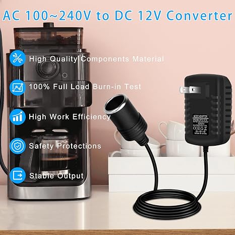 DC 12V Cigarette Lighter Power Supply Adapter 12W–36W, AC 100–240V to 12V Converter Transformer, Car Socket Charger for Pump, Cooler, LED Lights — US Plug