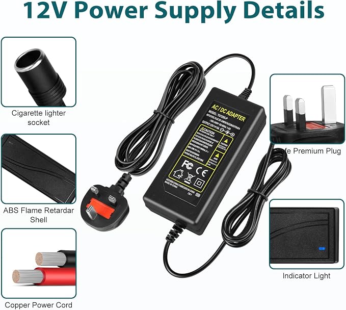 DC 12V Cigarette Lighter Desktop Power Supply Adapter 60W–120W, AC 100–240V Input, Converter Transformer with UK Plug — for Car Accessories, Air Pump, Cooler, and Electronics
